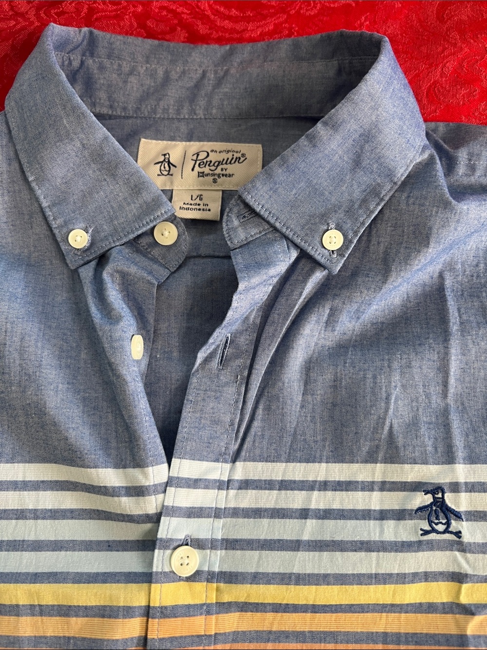 Original Penguin Shirt Men L Blue Stripe Short Sleeve Button Down Stretch